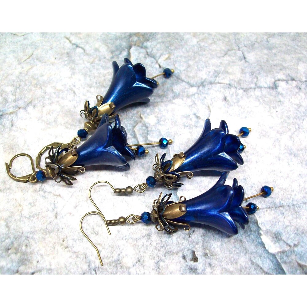 Art Nouveau Earrings Vintage Style, Blue, Antique Bronze, Hand Painted Floral Je
